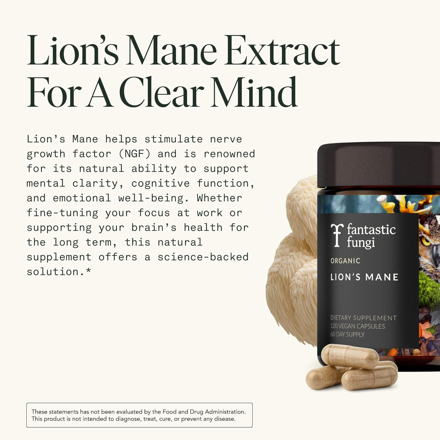 Lions Mane Supplement Capsules, Lion's Mane Mushroom Supplement for Memory, Focus & Mood support, Adaptogen Functional Mushrooms Extract - 100% USDA Organic, Vegan- Glass Jar, 120 Caps, 2 Month Supply