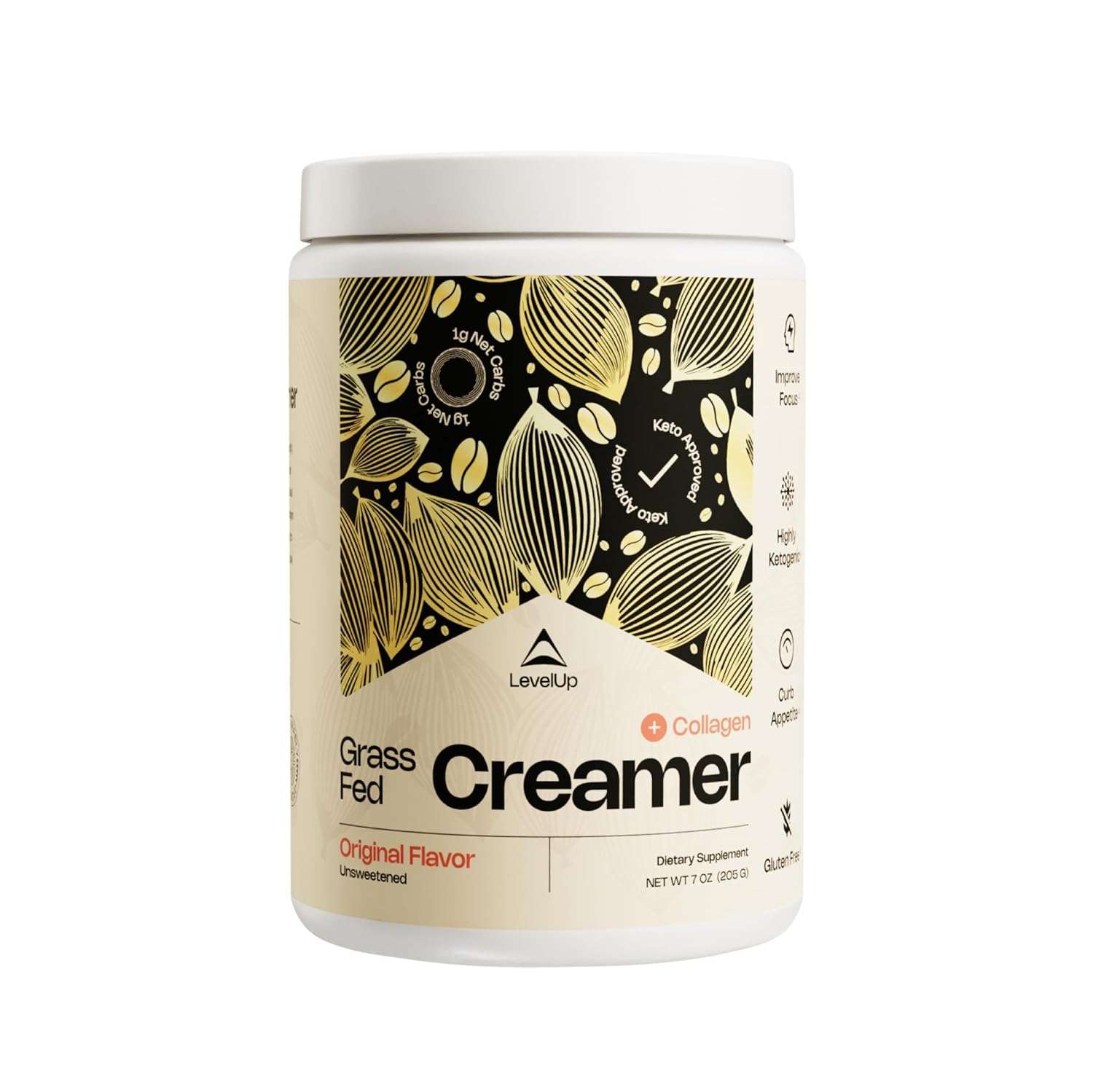 LevelUp Creamer, with Energizing MCT Oil and Collagen Peptides, Keto Coffee Creamer, Supports Natural Energy & Ketone Production - Original (Unsweetened) 7 oz