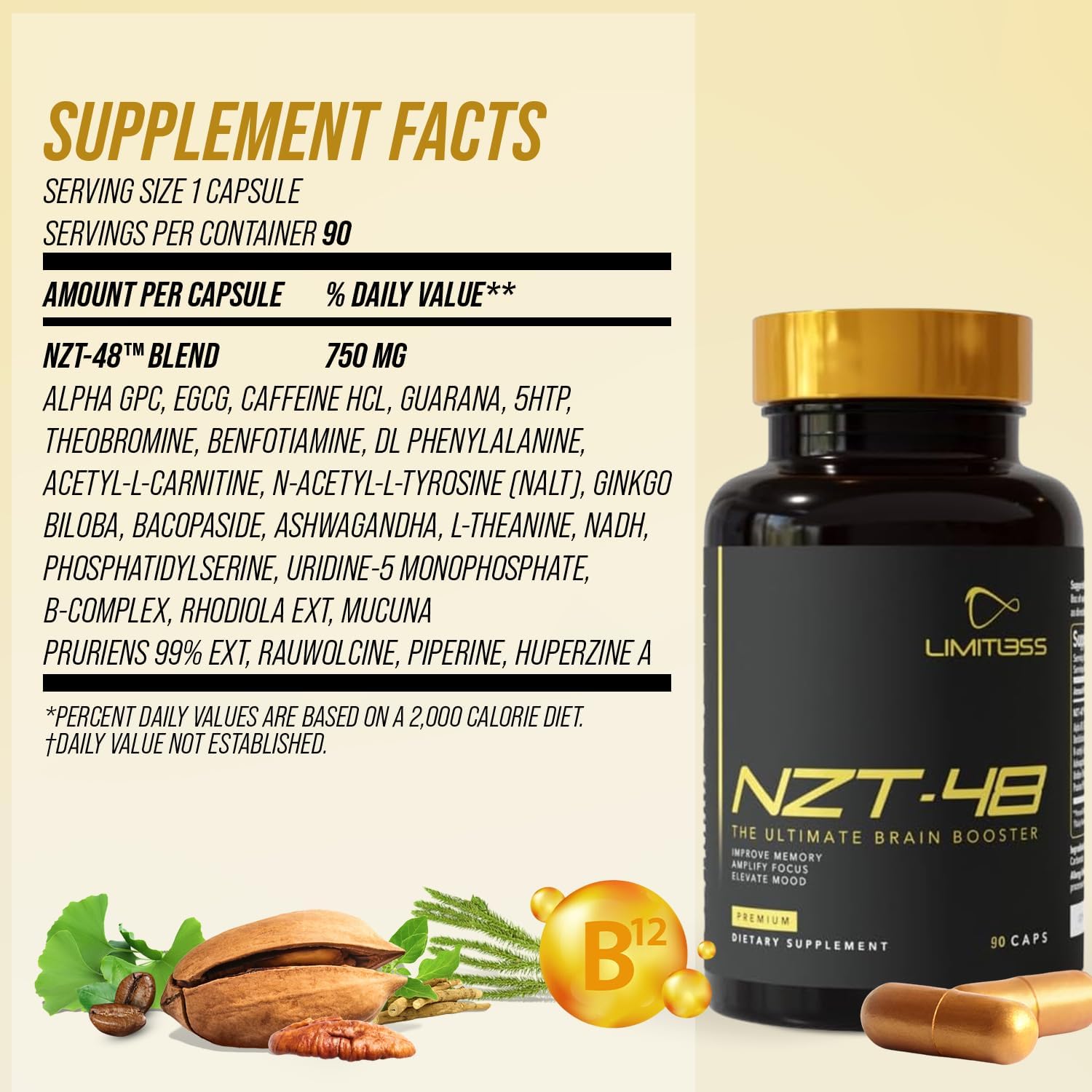 NZT-48 Brain Booster | Nootropic Brain Supplements for Memory and Focus | Premium Natural Energy Supplement with Caffeine, Phosphatidylserine, Vitamins B6 & B12, Ashwagandha | 90 Servings