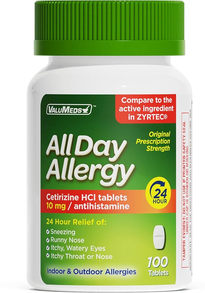 ValuMeds 24-Hour Allergy Medicine Antihistamine for Pollen, Hay Fever, Dry, Itchy Eyes, Allergies | Cetirizine HCl 10mg Caplets, Compare to Leading Brand (100 Count)