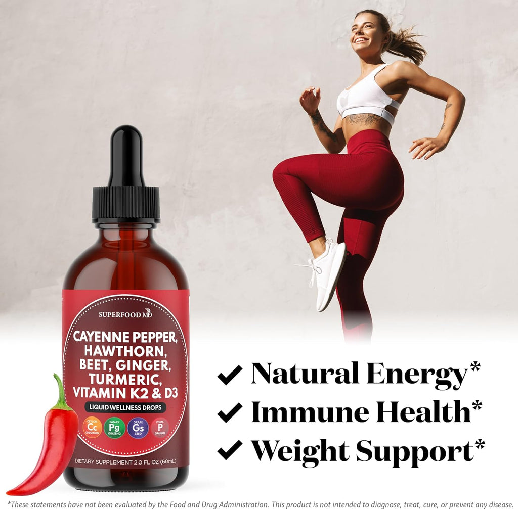 Cayenne Pepper Supplement Liquid Drops + Hawthorn Berry, Vitamin D3 K2 Beet Root Powder, Ceylon Cinnamon, Turmeric Curcumin, Organic Panax Ginseng - 8 OZ