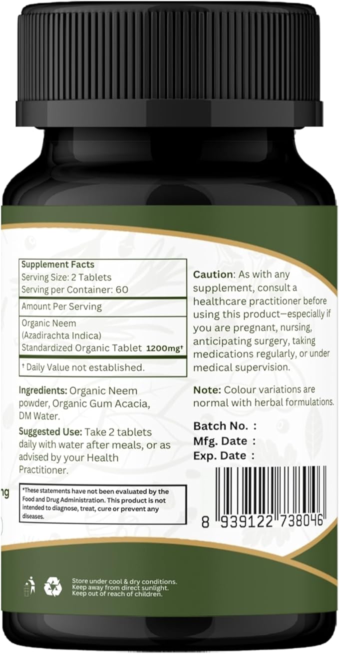 Neem 120 Tablets | Azadirachta Indica (Neem) | USDA Organic Certified | Healthy Skin and Detox* | Dietary Supplement 120tab - Pack of 2