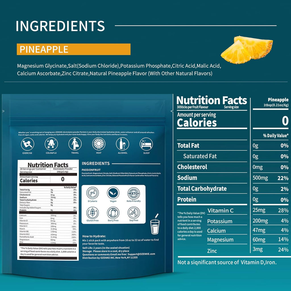Electrolytes Powder Packets, Hydration Packets Sugar Free, Electrolyte Drink Mix Portable Electrolyte Packets for Rapid Hydration, Pineapple Flavor, 30 Sticks