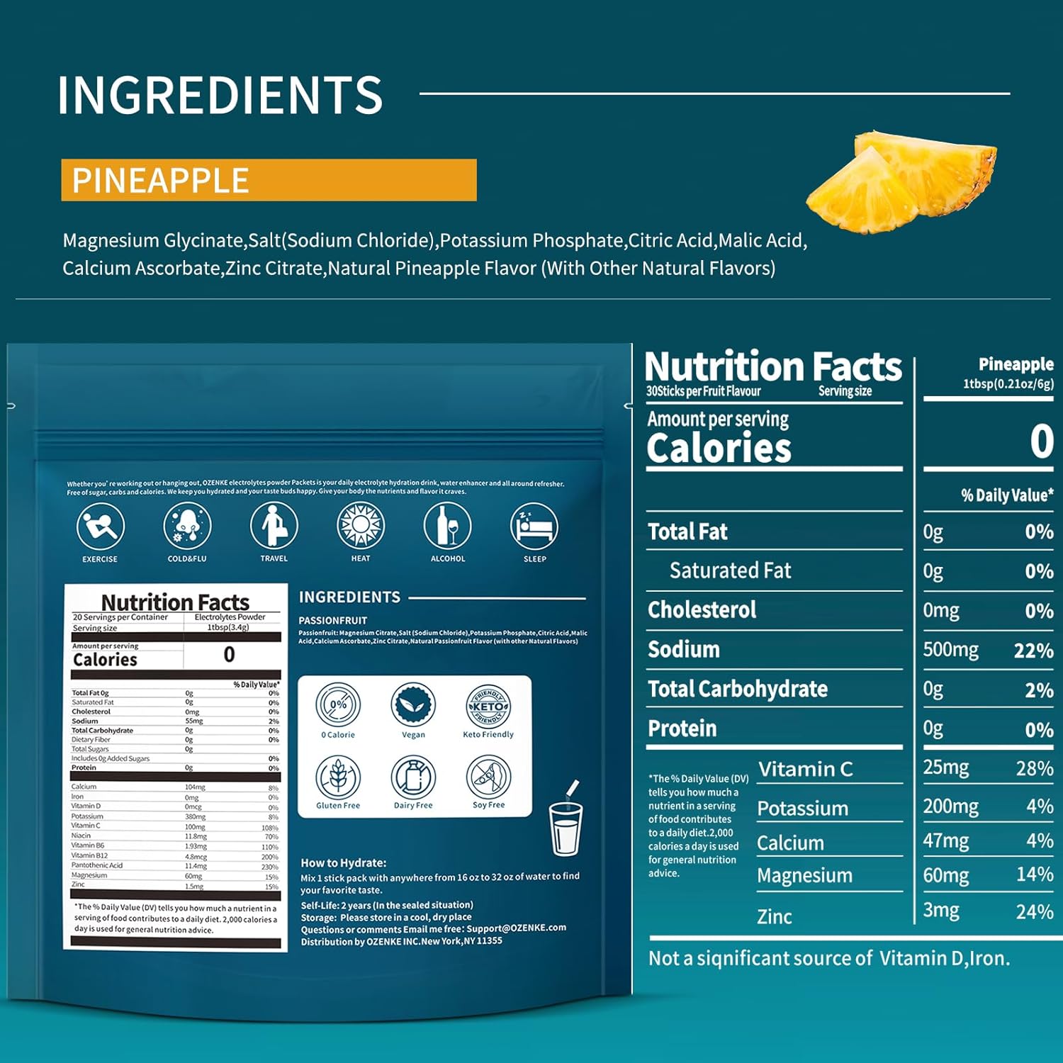 Electrolytes Powder Packets, Hydration Packets Sugar Free, Electrolyte Drink Mix Portable Electrolyte Packets for Rapid Hydration, Pineapple Flavor, 30 Sticks