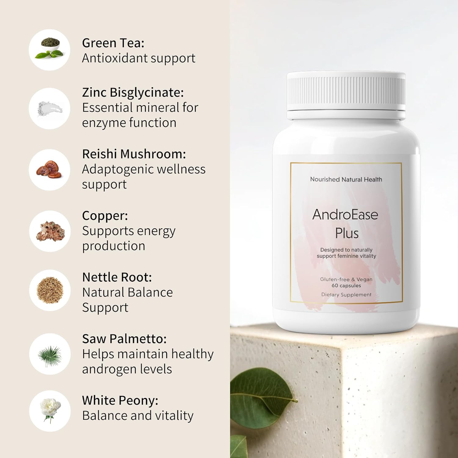 Nourished AndroEase Plus - Natural Balance Supplement for Women - Vegan Formula with Zinc & Saw Palmetto -360 Capsules for Daily Wellness & Vitality - Made in USA