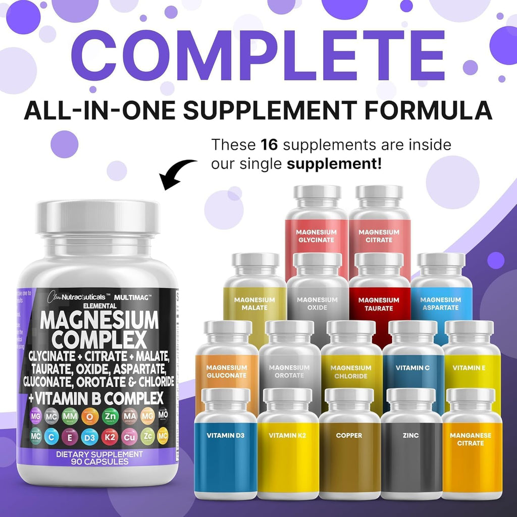 Clean Nutraceuticals Magnesium Complex with Magnesium Glycinate Citrate Malate Oxide Taurate Aspartate Orotate & Mag Chloride, Zinc Copper Manganese (90 Count (Pack of 2))