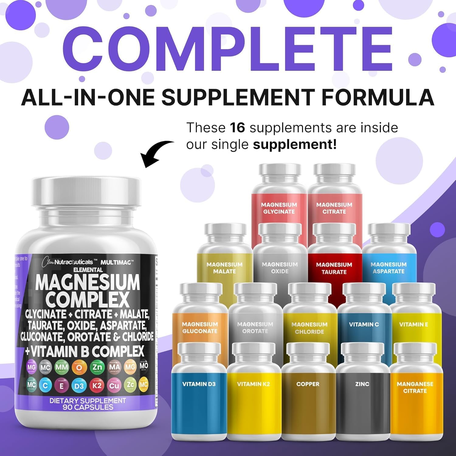 Clean Nutraceuticals Magnesium Complex with Magnesium Glycinate Citrate Malate Oxide Taurate Aspartate Orotate & Mag Chloride, Zinc Copper Manganese (90 Count (Pack of 2))