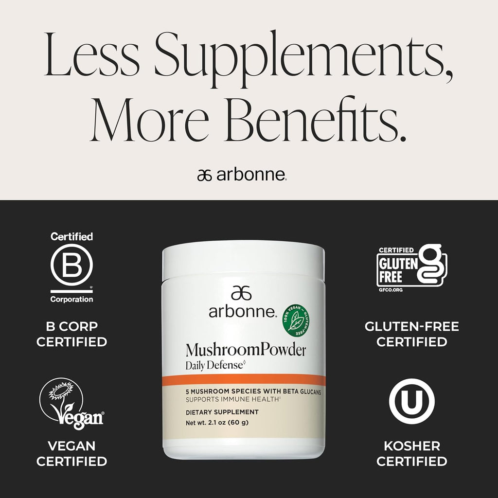 Arbonne Mushroom Powder Daily Defense - Daily Mushroom Supplement Powder Superblend That Supports Immune and Cognitive Health, 100% Organic Mushrooms, 2.1 oz