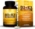 Natural Rhythm Vitamin D3 5000 IU + K2 MK-7 Plus Vitamin A – Bone & Immune Support Supplement, Supports Calcium Absorption & Cardiovascular Function, Vegetarian Capsules (30 Count)