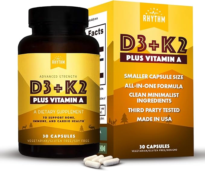 Natural Rhythm Vitamin D3 5000 IU + K2 MK-7 Plus Vitamin A – Bone & Immune Support Supplement, Supports Calcium Absorption & Cardiovascular Function, Vegetarian Capsules (30 Count)