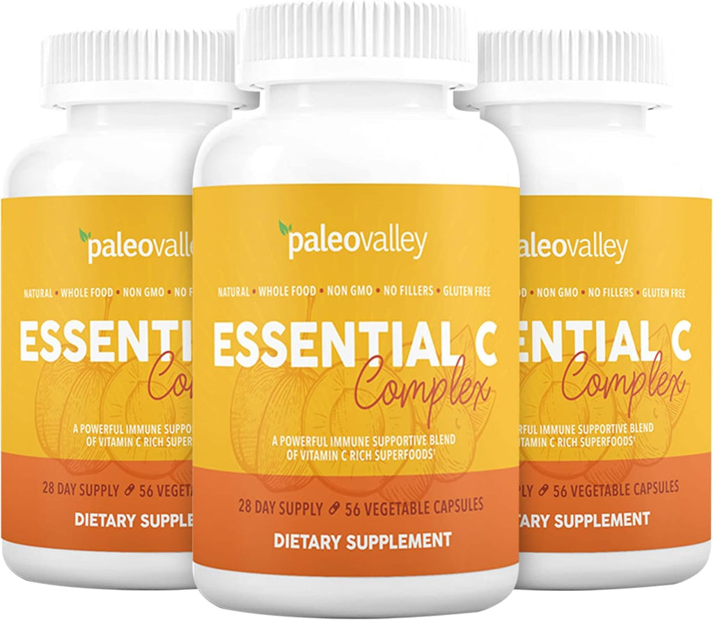 Paleovalley Essential C Complex - Vitamin C Supplement for Immune Support - 3 Pack, 450mg - From Organic Superfoods Unripe Acerola Cherry, Camu Camu, Amla Berry - No Synthetic Ascorbic Acid - USA Made
