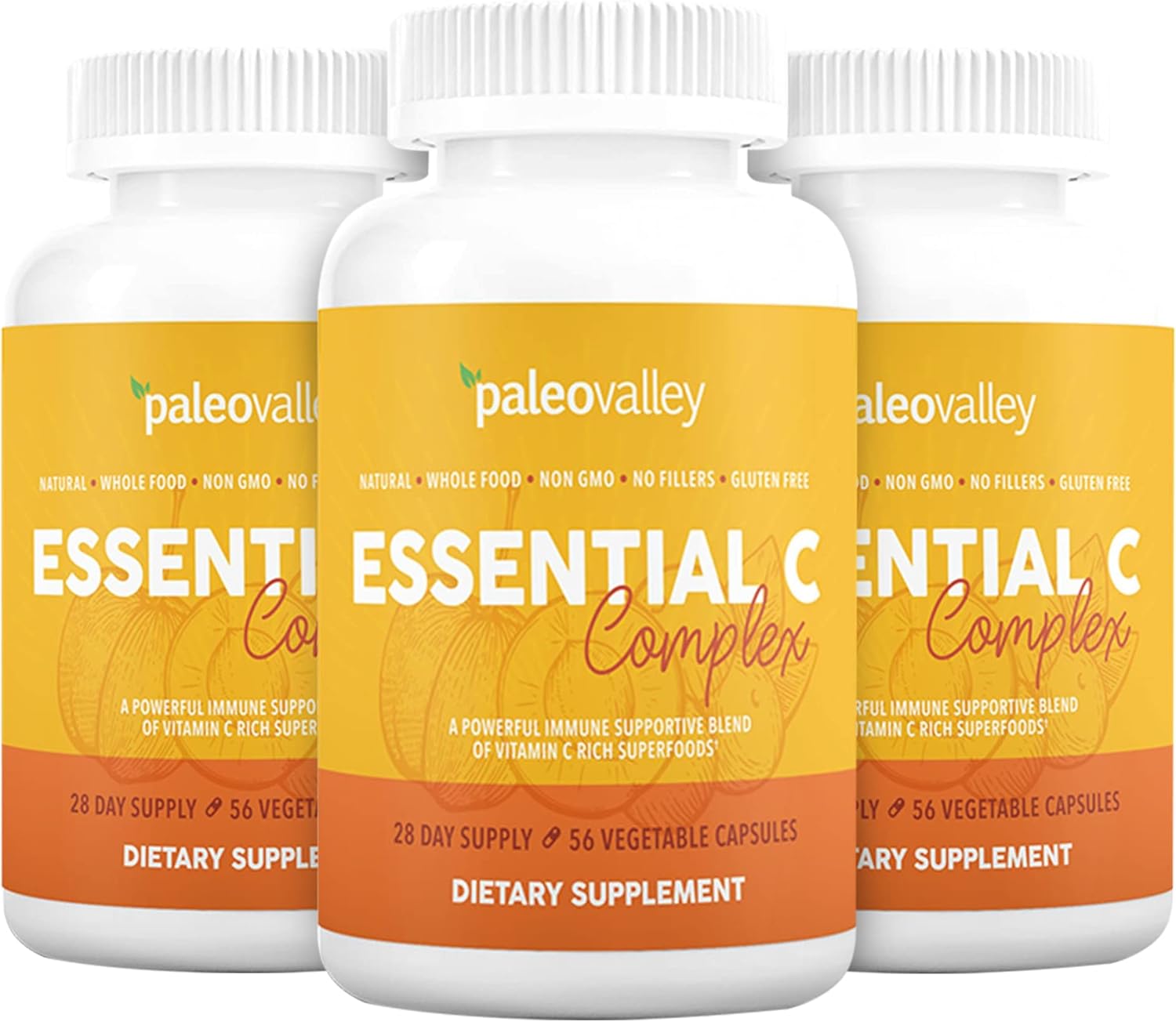 Paleovalley Essential C Complex - Vitamin C Supplement for Immune Support - 3 Pack, 450mg - From Organic Superfoods Unripe Acerola Cherry, Camu Camu, Amla Berry - No Synthetic Ascorbic Acid - USA Made