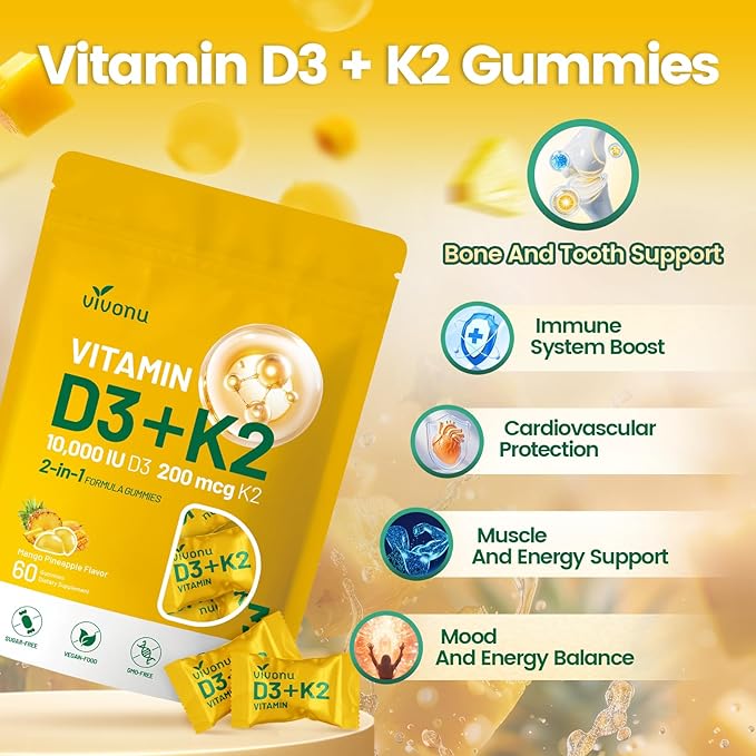 Vitamin D3 K2 Gummies, D3 10000 IU & MK7-200 mcg, 2 in 1 Vitamins D & K Complex | Vitamina D3 con K2 | Supports Calcium Absorption, Bone, Immune, & Heart Health, Easy to Carry and use (60 Gummies)