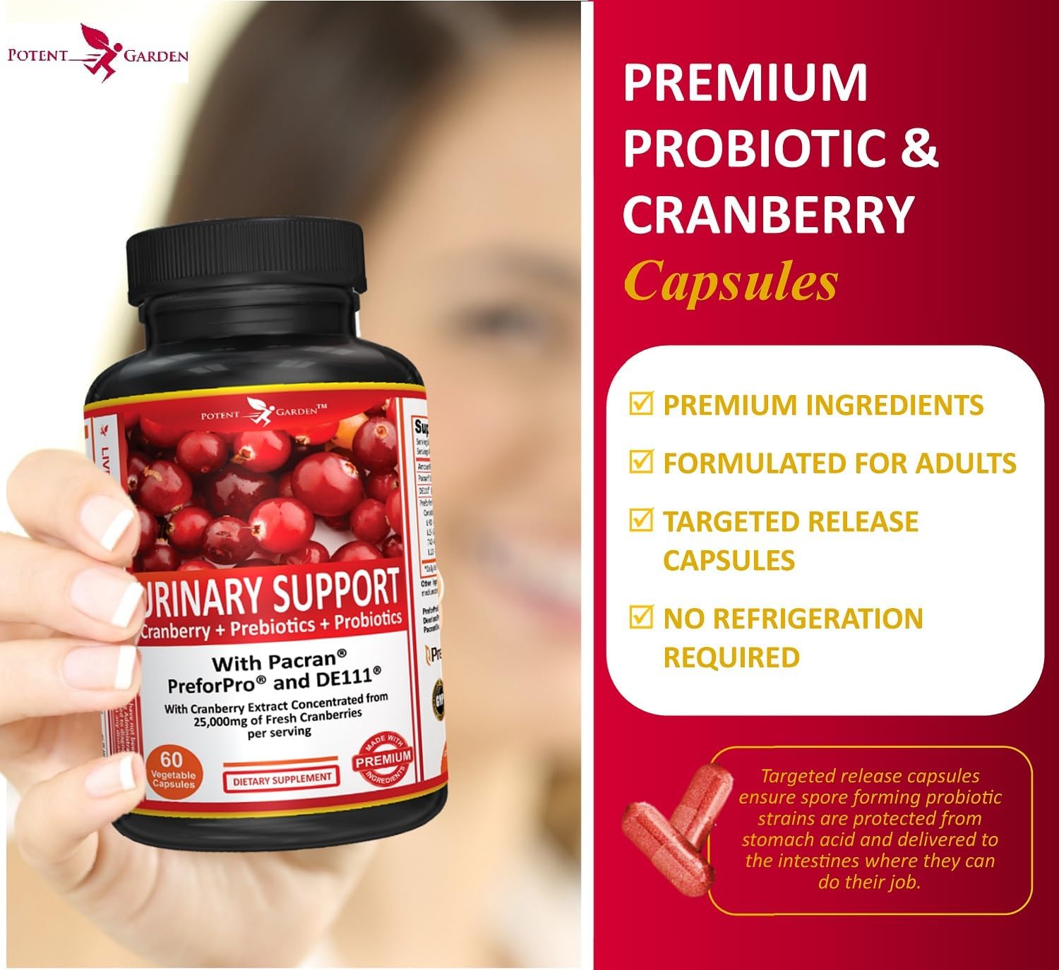 Potent Garden Urinary Support Womens Probiotic for Urinary Tract Health for Women, Cranberry Capsules with 5 Billion CFUs Cranberry Extract, Prebiotics and Probiotics for Women, 60 Caps, 30 Servings