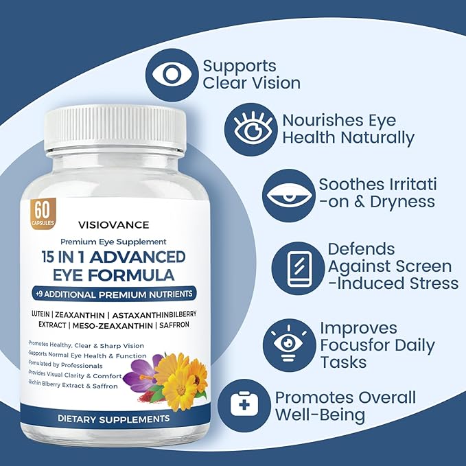 VisioVance 15 in 1 Advanced Eye Formula, Neurobella Eye Supplement with Lutein, Zinc, Luteolin, Zeaxanthin & Bilberry Extract, 60 Capsules (1)