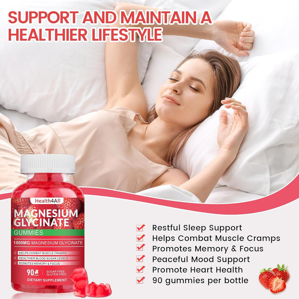 Magnesium Glycinate Gummies 1000mg, High Absorption Sugar Free Magnesium Potassium Supplement for Relaxation, Stress Relief, and Sleep Support for Adults & Kids - 90 Strawberry Gummies