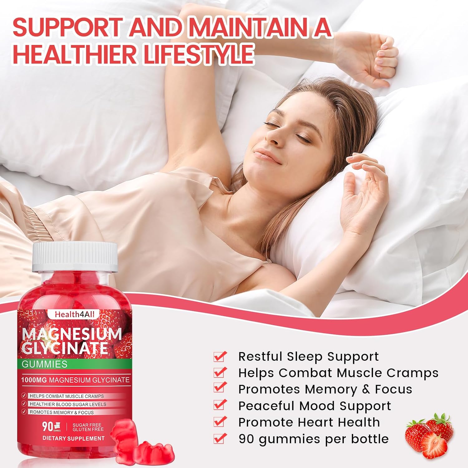 Magnesium Glycinate Gummies 1000mg, High Absorption Sugar Free Magnesium Potassium Supplement for Relaxation, Stress Relief, and Sleep Support for Adults & Kids - 90 Strawberry Gummies