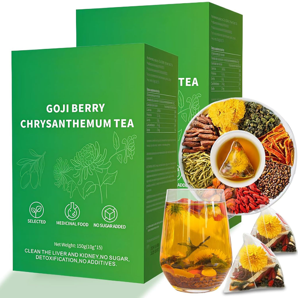 Goji Berry Chrysanthemum Tea for Liver Health, 8 Excellent Raw Material Formulas, Chinese Health Herbal Tea, Liver Cleanse & Detox Herbal Tea Bags, 15Bag, Vegan, Sugar-Free & Caffeine-Free (2Box(30Bags))