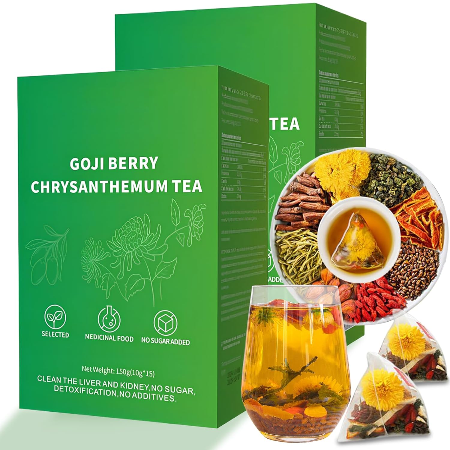 Goji Berry Chrysanthemum Tea for Liver Health, 8 Excellent Raw Material Formulas, Chinese Health Herbal Tea, Liver Cleanse & Detox Herbal Tea Bags, 15Bag, Vegan, Sugar-Free & Caffeine-Free (2Box(30Bags))