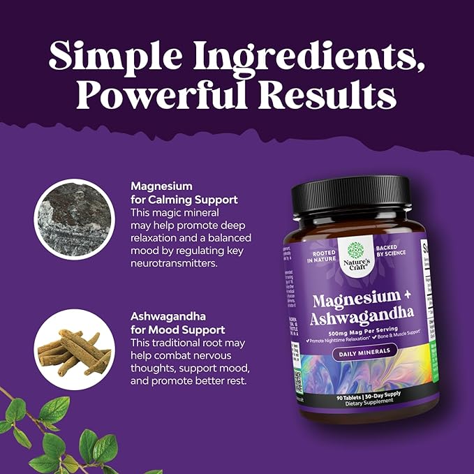 Pure Calm Relaxing Magnesium Glycinate Supplement with Ashwagandha - Magnesium for Stress Support & Rest Ease for Adults - High Absorption Tablets for Bone Support & Muscle Cramps - 90 Count