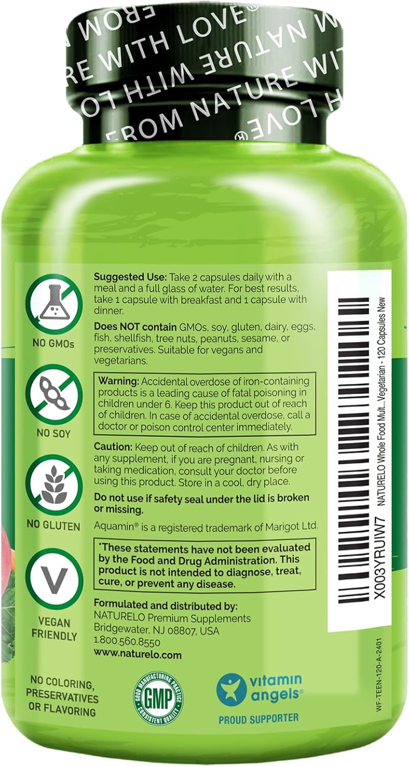 NATURELO Teen Multivitamin - Whole Food Multivitamin - with Minerals for Teenage Boys & Girls - Supplement for Active Kids - Non-GMO - Vegan & Vegetarian - 120 Capsules