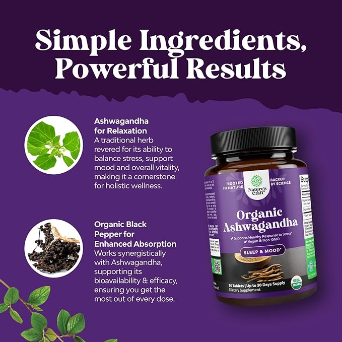High Strength Organic Ashwagandha Supplements - Ashwagandha Organic Tablets for Mood Support & Hormone Balance for Women & Men - Root Extract Powder with Black Pepper for Better Absorption - 30 Ct