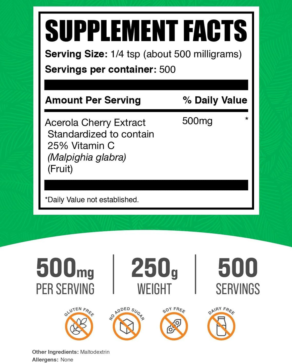 BulkSupplements.com Acerola Cherry Extract Powder - Natural Vitamin C Supplement, Acerola Cherry Powder - Vegan & Gluten Free, 500mg per Serving, 250g (8.8 oz) (Pack of 1)