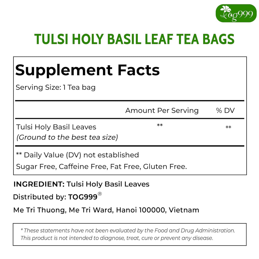 TOG999, Premium 120 Holy Basil Leaf Tea Bags, 100% Natural & Pure, Loose Leaf Herbal Tea. Holy Basil Leaf Tea. No Sugar, No Caffeine, No Gluten, Vegan.