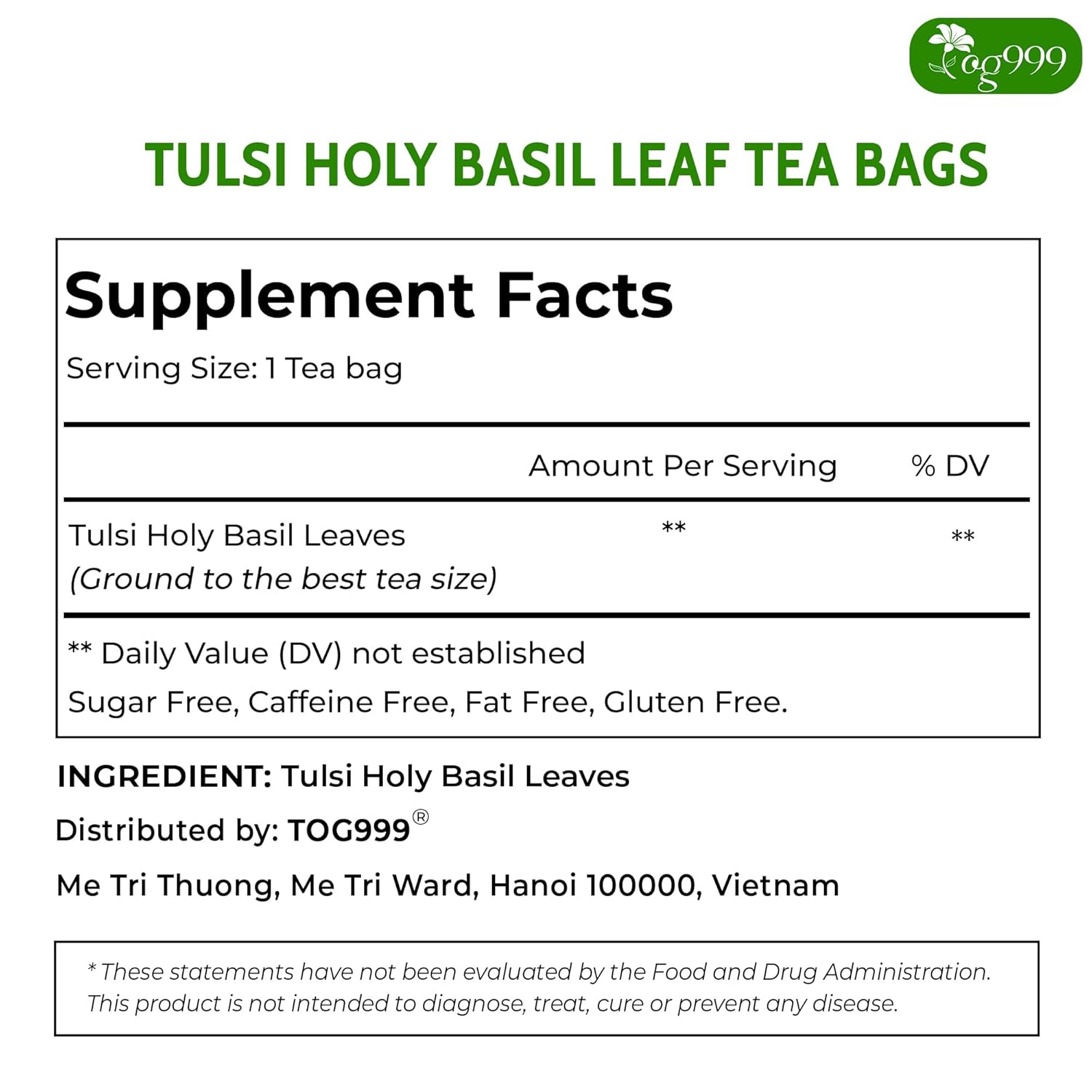 TOG999, Premium 120 Holy Basil Leaf Tea Bags, 100% Natural & Pure, Loose Leaf Herbal Tea. Holy Basil Leaf Tea. No Sugar, No Caffeine, No Gluten, Vegan.