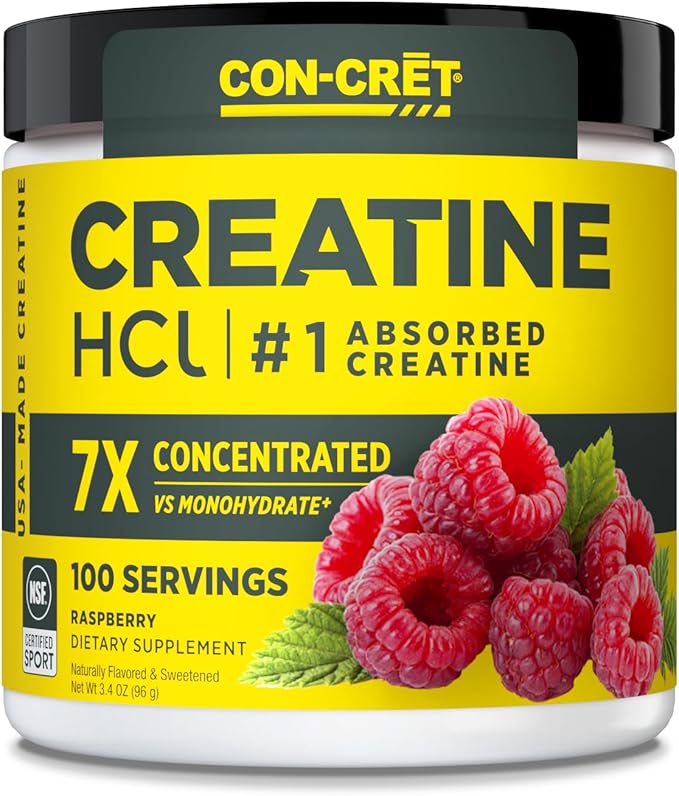 CON-CRET Creatine HCl Powder | Muscle, Cognitive, Cellular Energy Support | No Bloating or Cramps | USA Made & NSF Certified | Raspberry (100 Serving)