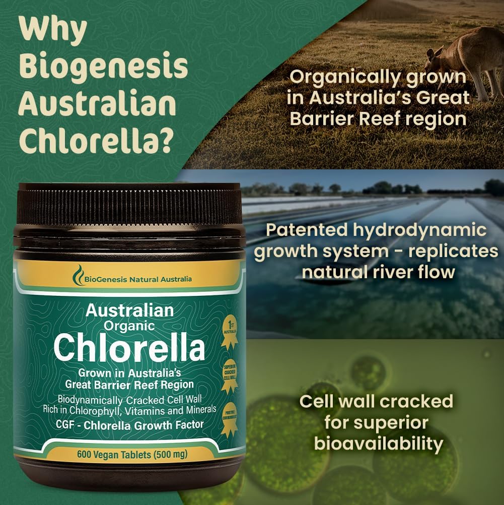Biogenesis Organic Chlorella Tablets – 600 Count (500mg) | Australian Grown | BioDynamic Cracked Cell Wall | Rich in Chlorophyll, Vitamins & Minerals | Supports Energy & Immunity | Vegan Tablets