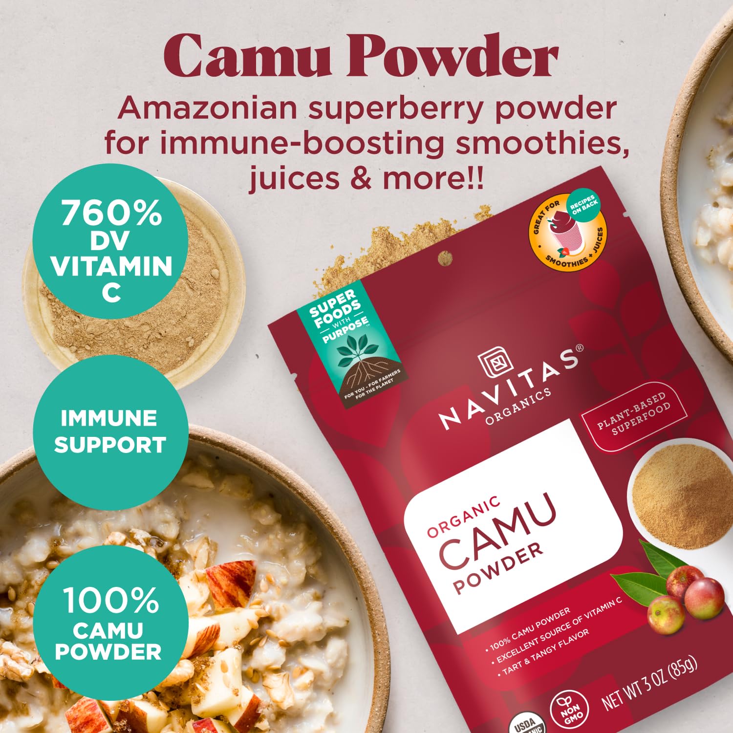 Navitas Organics Camu Powder – For Smoothies, Juices, Wellness Shots & More – Vitamin C, Antioxidants – Immune Support – USDA Organic, Non GMO, Kosher Gluten Free, Vegan (4oz. Bag, 4 Servings)