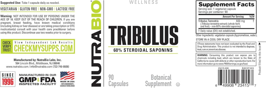 NutraBio Tribulus Terrestris Extract Supplement, 500mg - Tribulus Terrestris for Men and Women- Natural Vitality Booster, 90 Capsules