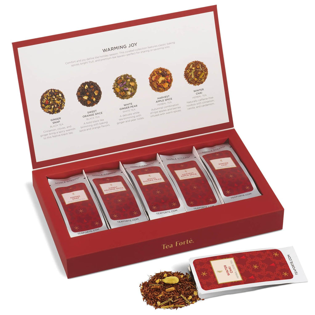 Tea Forte Warming Joy Hoilday Premium Single Steeps Loose Leaf Tea Gift Set Sampler, 15 Count 3 of Each Assorted Blends, Pre-Portioned Single Serve Pouches, Steeps 12 oz