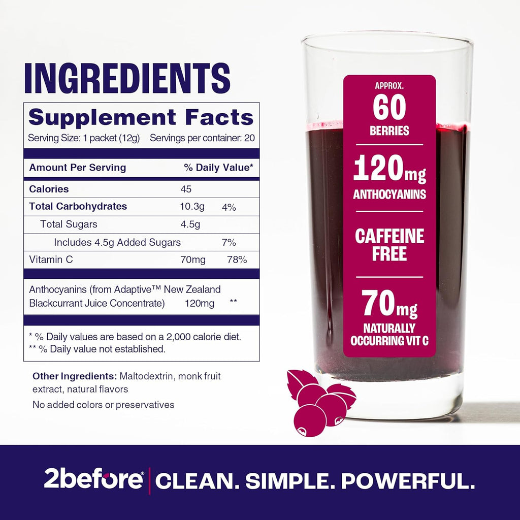 2before Blackcurrant I All Natural Vegan Pre Workout, Caffeine Free I Clean Energy, Endurance, Recovery I Pre Workout Women and Men I 20 x Individual Packets I Informed Sports Certified