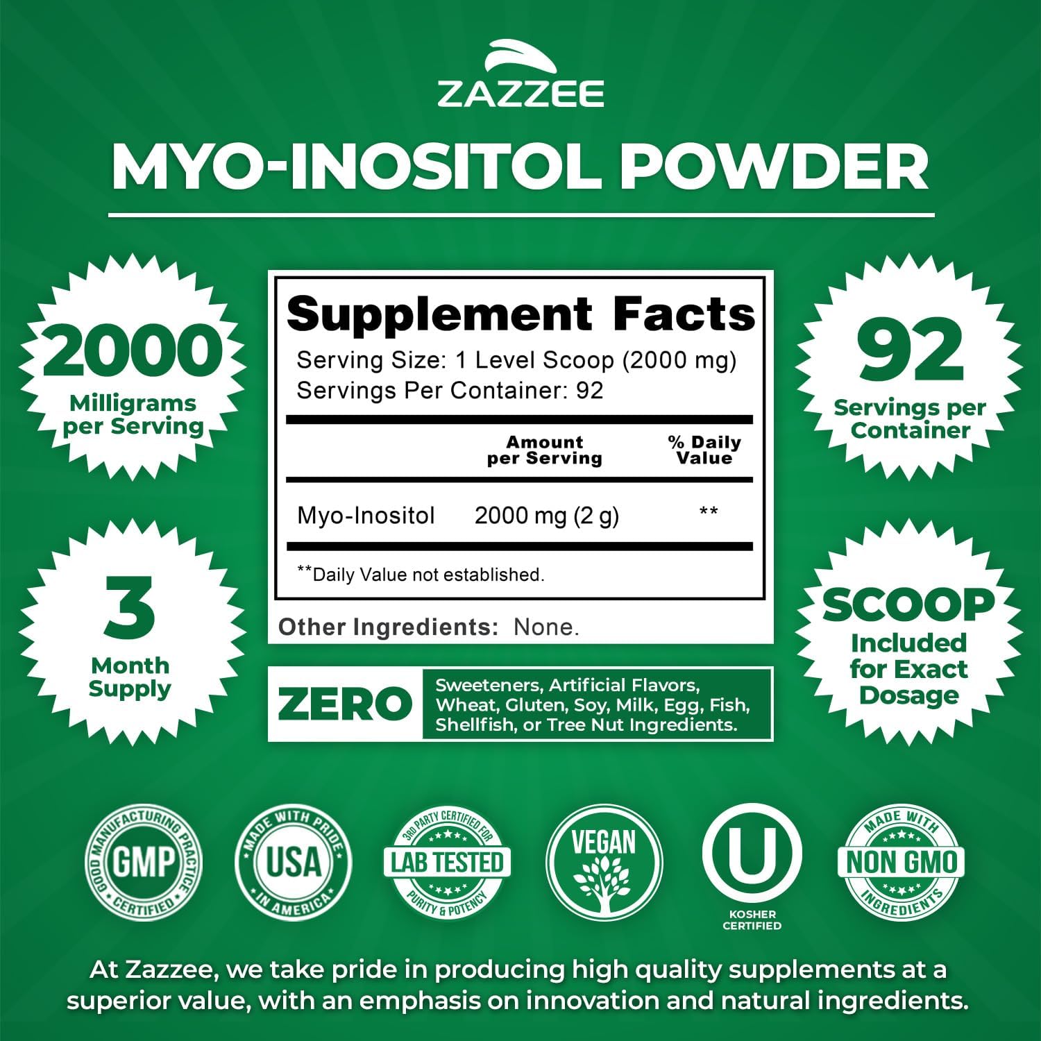 Zazzee Myo-Inositol Powder, 3 Month Supply, 92 Servings, 2000 mg per Serving, Free Scoop for Exact Dosage, 6.49 Ounces, 100% Pure, All-Natural Fertility and Reproductive Support, Vegan, Non-GMO
