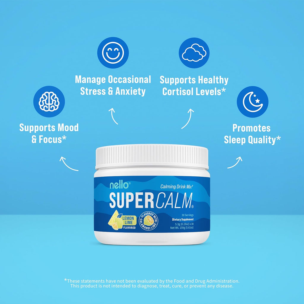 Supercalm Powdered Drink Mix, Lemon Lime, L Theanine, Ksm-66 Ashwagandha, Magnesium Glycinate, Vitamin D 3, Supplements for Relaxation & Focus, Natural, No Sugar, Non GMO, 30 Srvgs