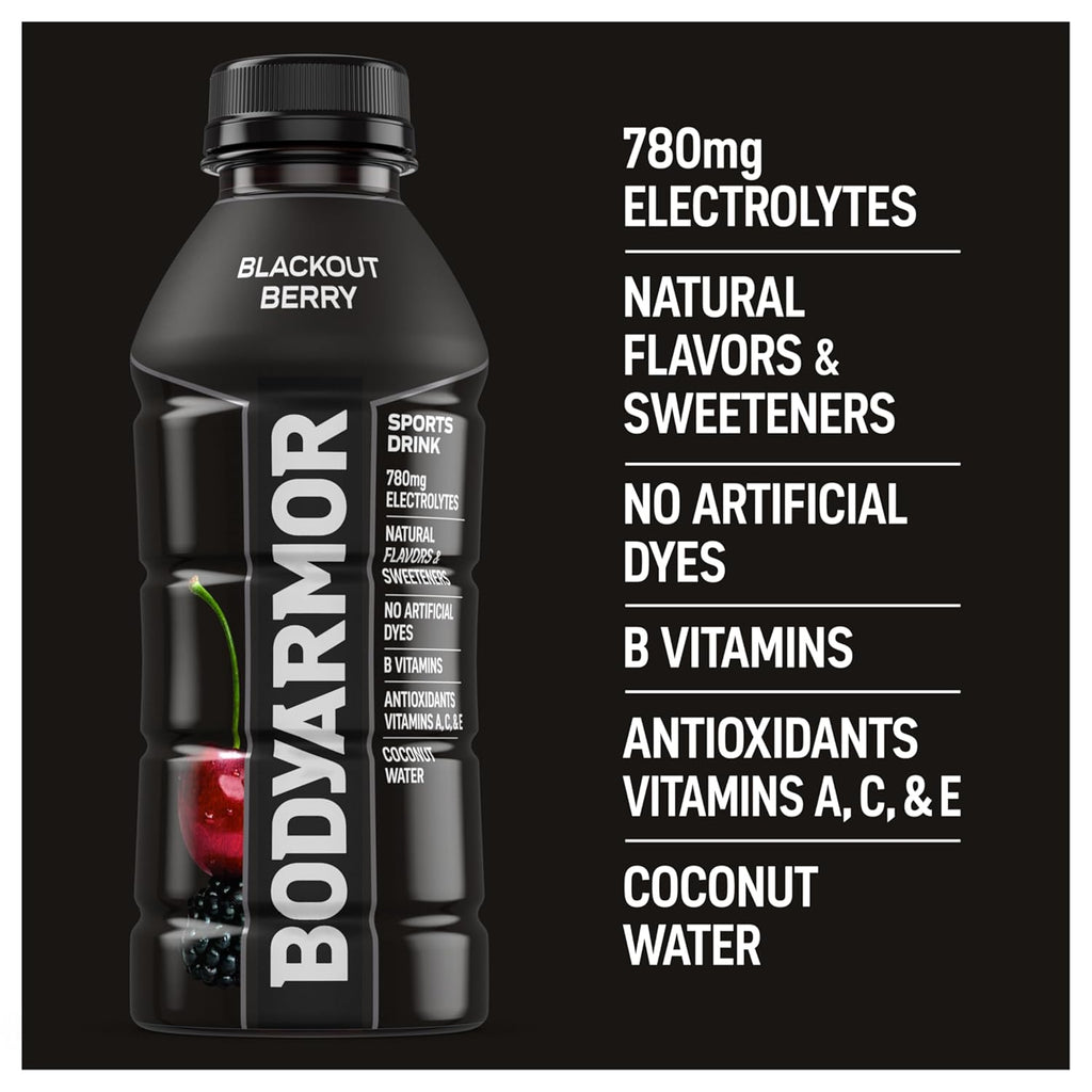 BODYARMOR Sports Drink Sports Beverage, Blackout Berry, Coconut Water Hydration, Natural Flavors With Vitamins, Potassium-Packed Electrolytes, Perfect For Athletes, 16 Fl Oz (Pack of 12)