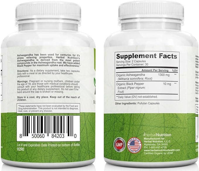 Herbal Nutrition Organic Ashwagandha 120 Vegan Capsules, Withania somnifera Root Powder, Traditional Ayurvedic Herb for Balance, Calm & Daily Wellness, Non-GMO, Plant-Based, Tested for Quality