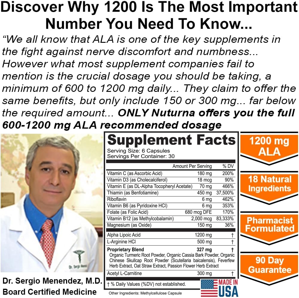 Neuropathy Support Supplement with 1200 mg HP-99 Alpha Lipoic Acid - Max Strength ALA Nerve Formula for Feet Hands Fingers Legs - Ultra Potent 18 in 1 Natural Peripheral Nerve Vitamins - 180 Capsules