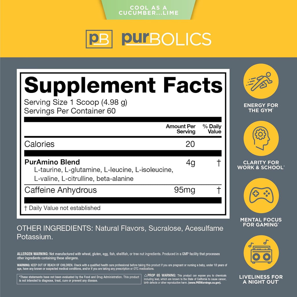 Purbolics Aminos + Energy | Supports Recovery, Energy & Focus | 95mg of Caffeine, 0 Sugar & 60 Servings (Cool As Cucumber…Lime)