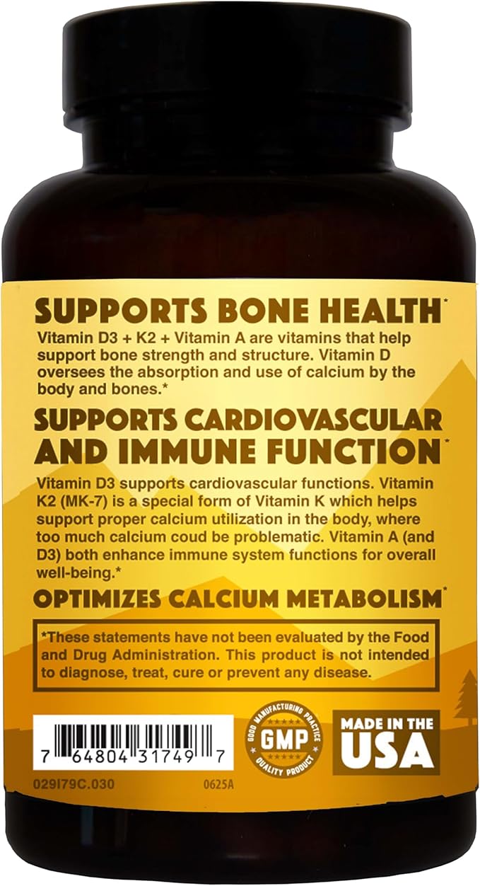 Natural Rhythm Vitamin D3 5000 IU + K2 MK-7 Plus Vitamin A – Bone & Immune Support Supplement, Supports Calcium Absorption & Cardiovascular Function, Vegetarian Capsules (30 Count)