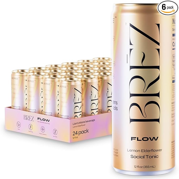 BRĒZ FLOW Lion’s Mane Mushroom Drink 24 Pack, Lemon Elderflower, Supports Mood & Focus, Non-Alcoholic Sparkling Adaptogen Drink, Functional Mushrooms, Feel Clear, Calm & Refreshed- 12 Fl oz Cans