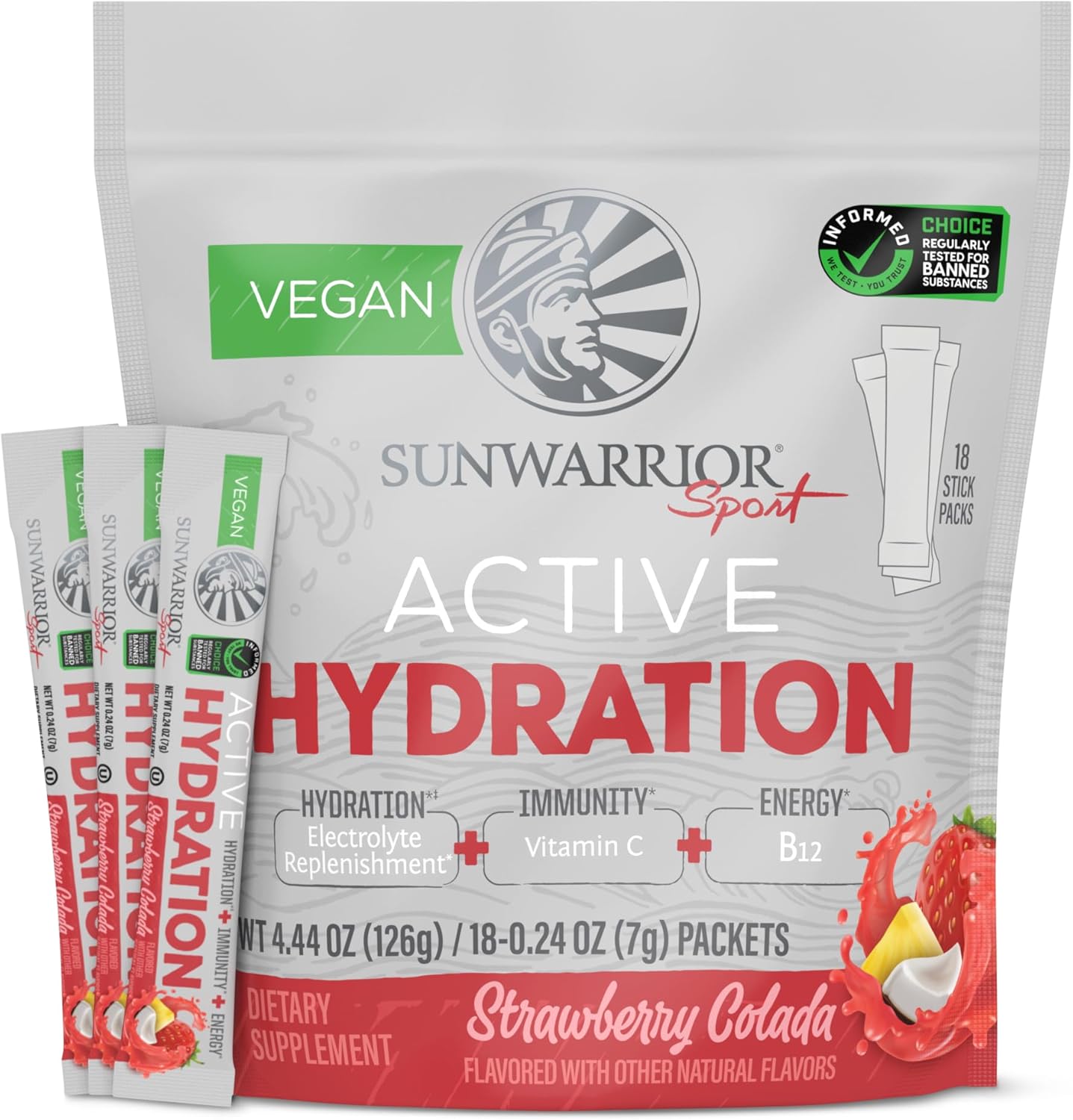 Sunwarrior Hydration Powder Electrolyte Packets Powder | Strawberry Colada Flavored | 18 Stick Packs 126g Pouch | Vegan and Plant-Based Sugar Free | B12 Elderberry and Electrolytes | Active Hydration