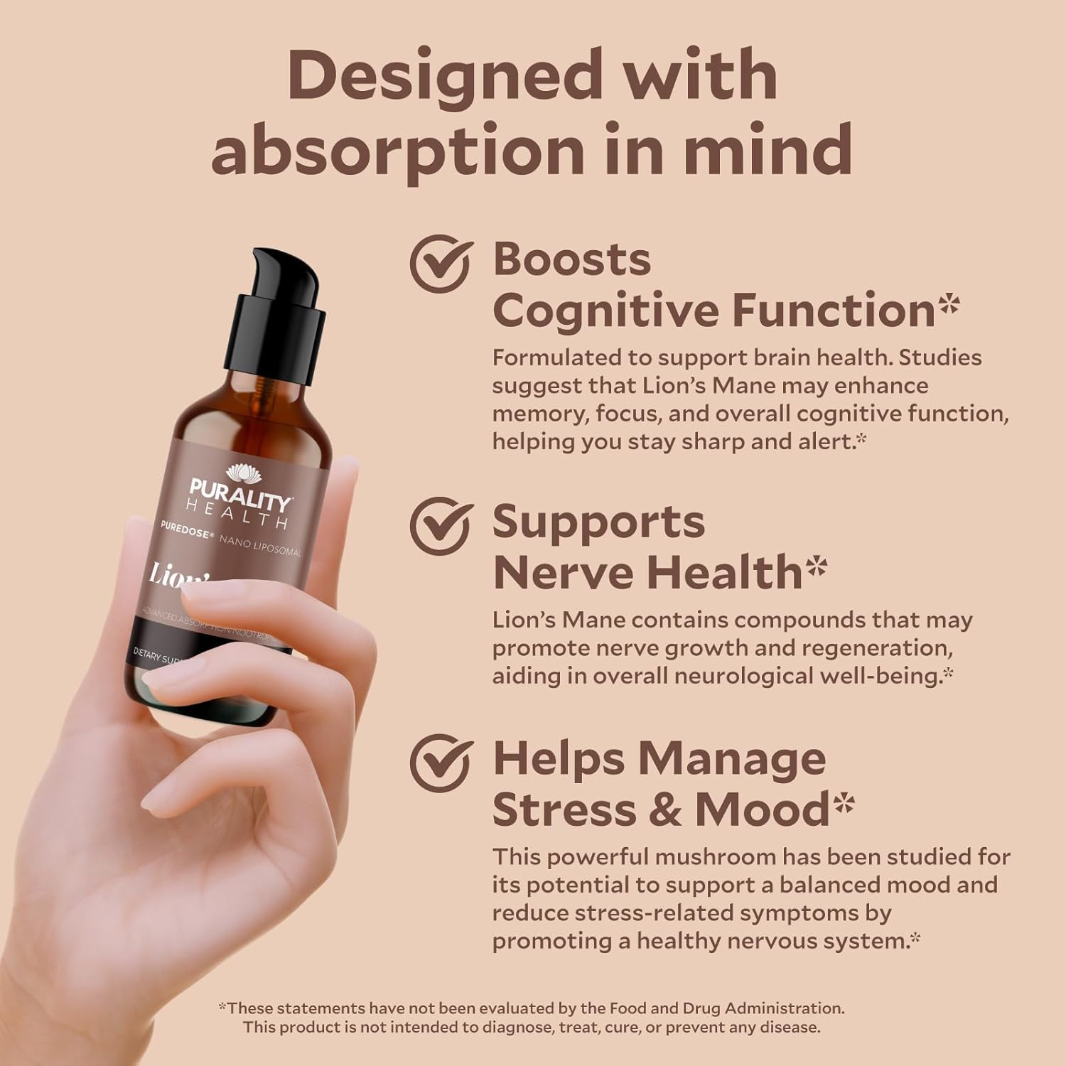 PURALITY HEALTH Lion’s Mane Complex, Nano Liposomal, Maximum Absorption for Brain Health, Memory, Focus & Nerve Support, with Reishi, Cordyceps, Maitake, 30 Day Supply