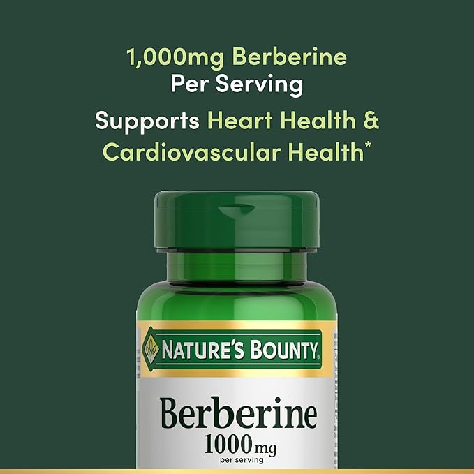 Nature’s Bounty Berberine 1000mg Capsules, Supports Heart Health, Cholesterol & Blood Sugar Levels in a Normal Range, Non-GMO Supplement, 60 Count