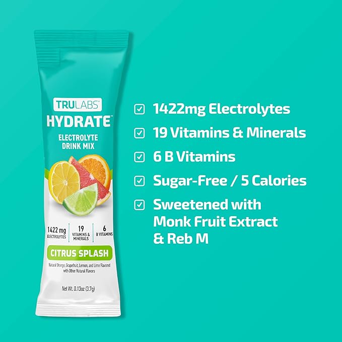 TRULABS Hydrate - Citrus Splash. Sugar Free Electrolytes Hydration Packets. Each Serving Contains 1422 mg of Electrolytes &19 Vitamins & Minerals (16 ct)
