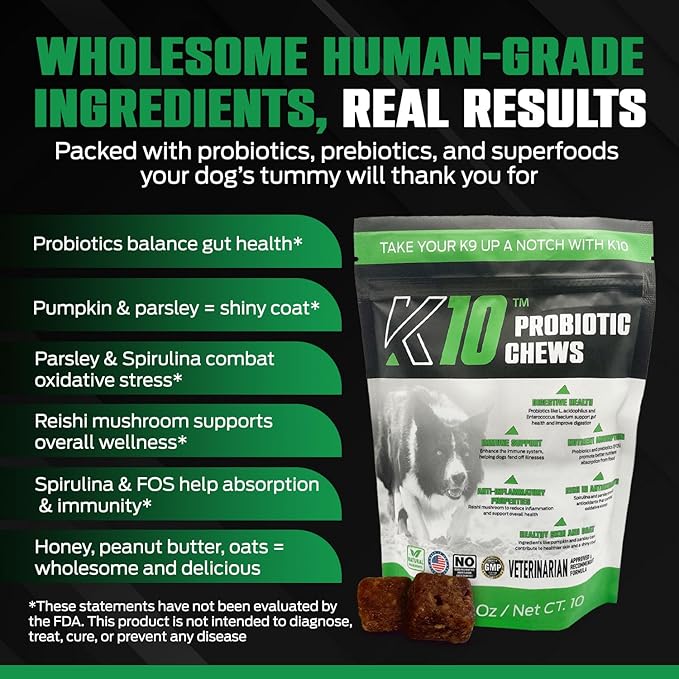 K10 Probiotic Chews for Dogs (10ct) – Advanced Digestive Support with Probiotics, Prebiotics & Superfoods – Vet-Preferred Dog Supplement for Digestion, Immunity, Skin, Coat & Everyday Vitality