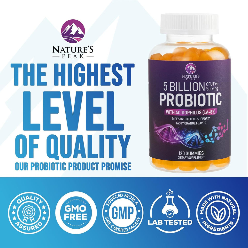 Probiotic Gummies 5 Billion CFU - Top 6 Pro Biotic Strains - Daily Probiotic Gummy Supplement for Women, Men & Teens - Natural Digestive Health, “Good” Gut & Immune Support - Orange Flavor - 120 Count