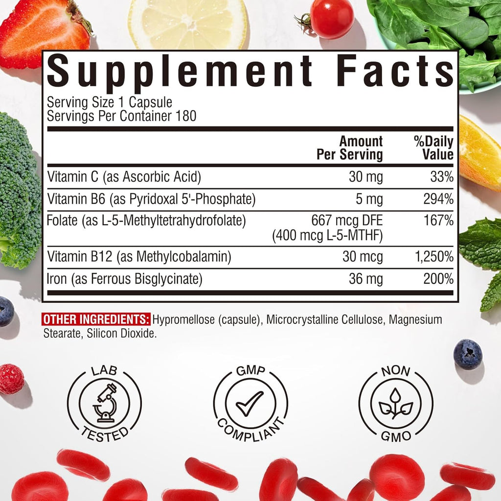 Iron Supplement for Women & Men, with Vitamins C, B6, B12 & Folate for Iron Deficiency, Blood Building & Energy Support, Stomach Friendly, Better Absorption, Non-GMO, No Gluten, 180 Vegan Caps